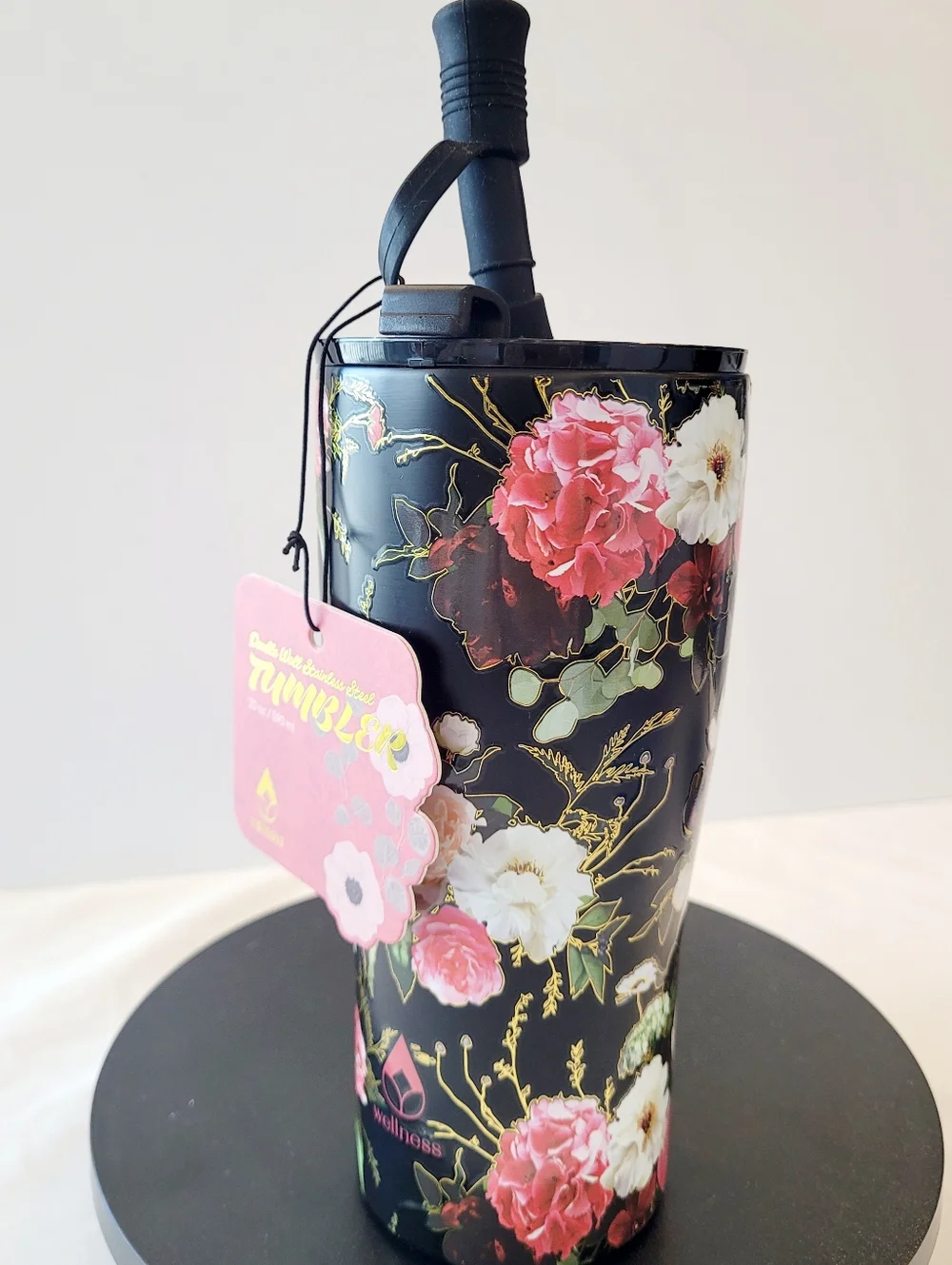 Floral Stainless Tumbler with Straw - Black/Pink Floral - Picture 6 of 6